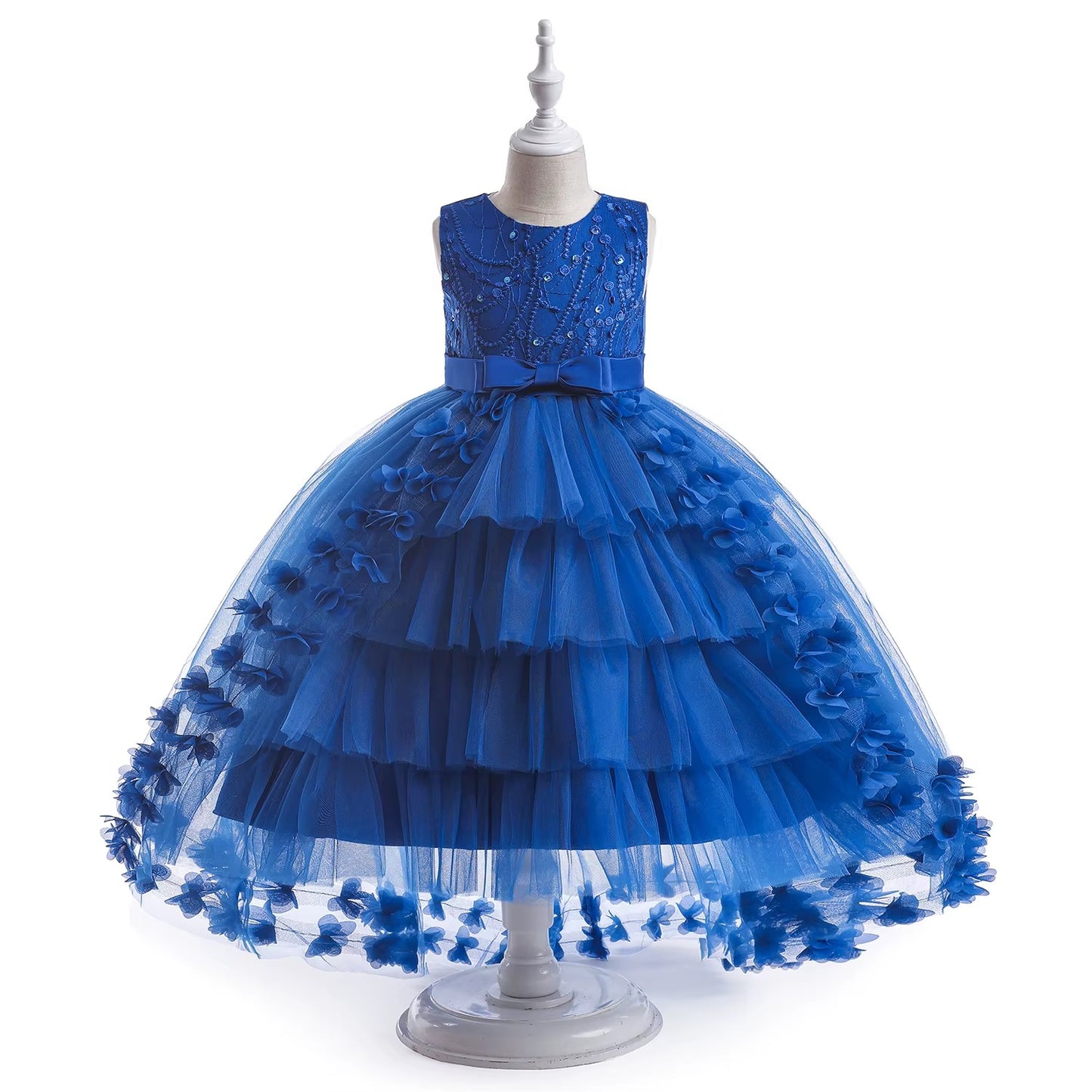 Girls Irregular Floral Mesh Tulle Party Dress With Train