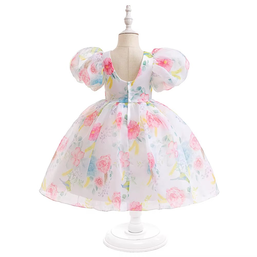 Girls Floral Puff Sleeve Tutu Party Dress