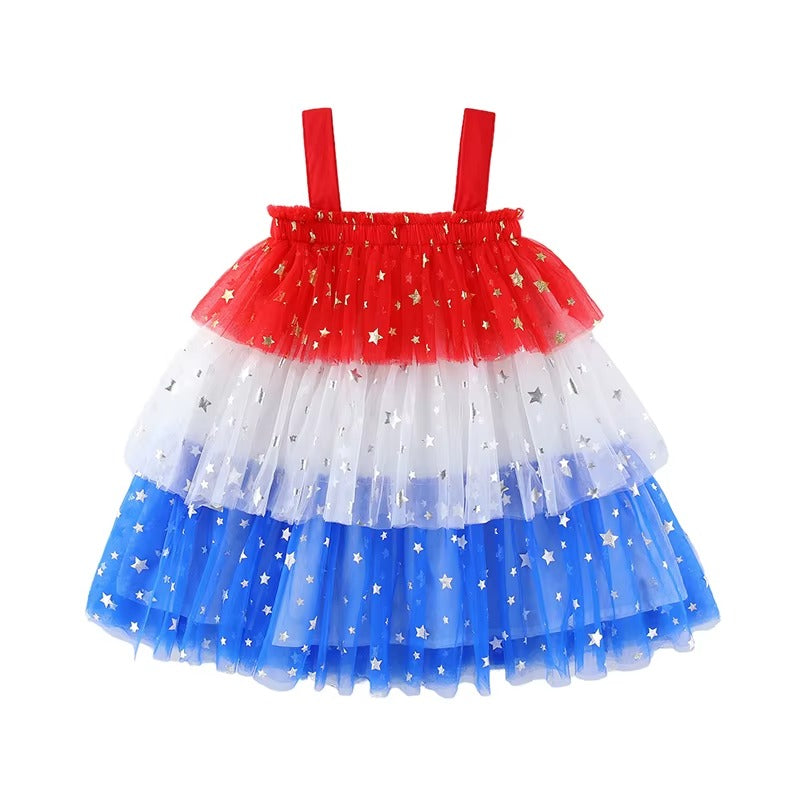 Girls American Flag Patchwork Tutu Tulle Slip Dress