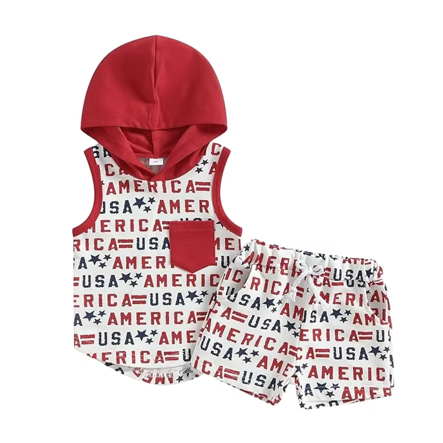 Boys Hooded Tank Top & Elastic Waist Shorts Summer Outfit Set