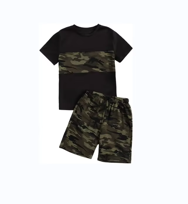 Boys Camouflage Print Short Sleeve Tee & Drawstring Shorts 2-Piece Set
