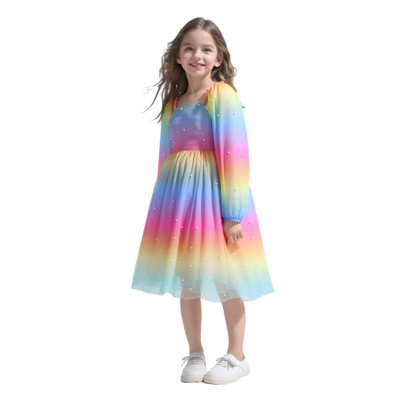 Girls Solid Pearl Decor Long Sleeve Mesh Casual Dress
