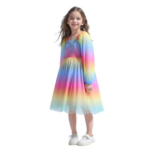 Girls Solid Pearl Decor Long Sleeve Mesh Casual Dress