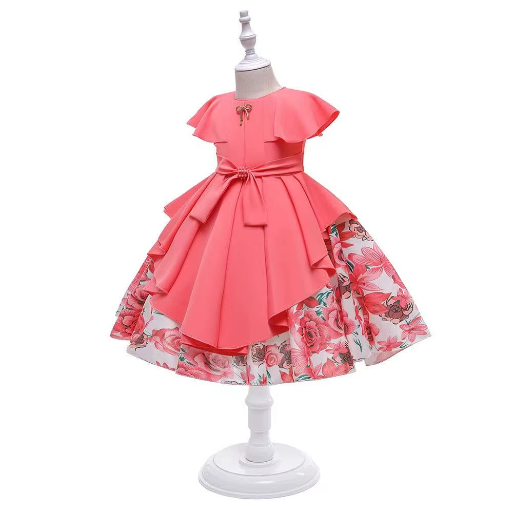 Girls O-neck Short Sleeve Bow Embroidered Printed Layered Dress