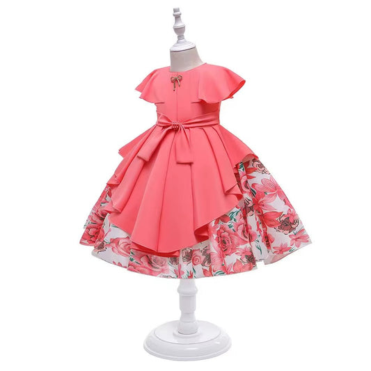 Girls O-neck Short Sleeve Bow Embroidered Printed Layered Dress