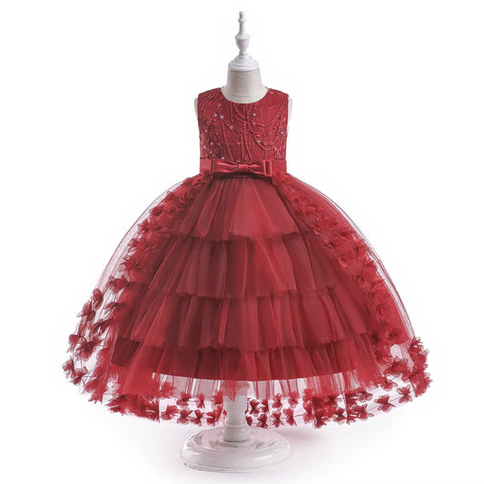 Girls Irregular Floral Mesh Tulle Party Dress With Train