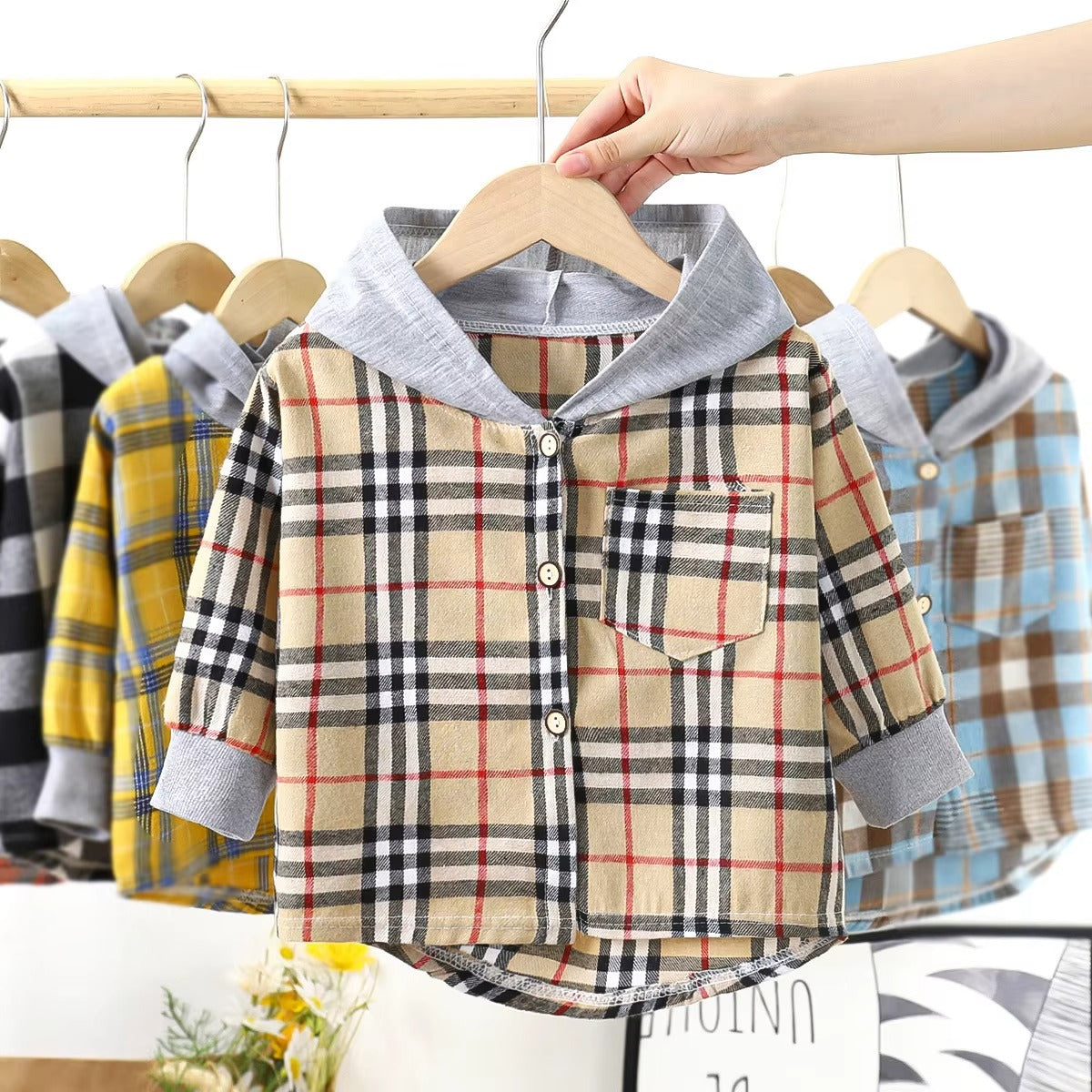 Baby Boys Hooded Stripe Splicing Button Long Sleeve Hoodie