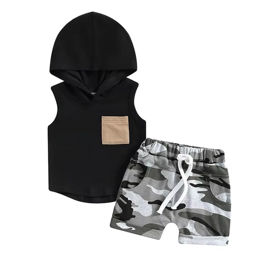 Boys Hooded Tank Top & Elastic Waist Shorts Summer Outfit Set