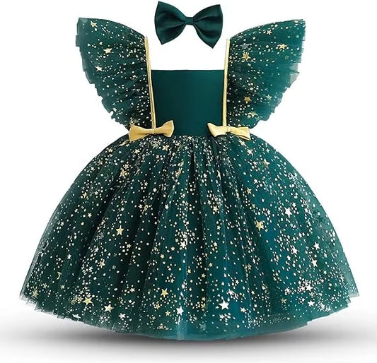 2-14Y Girls Star Print Flying Sleeve Elegant Princess Tutu Dress