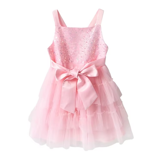 Girls Pink Sequined Tulle Sleeveless Bow Princess Dress