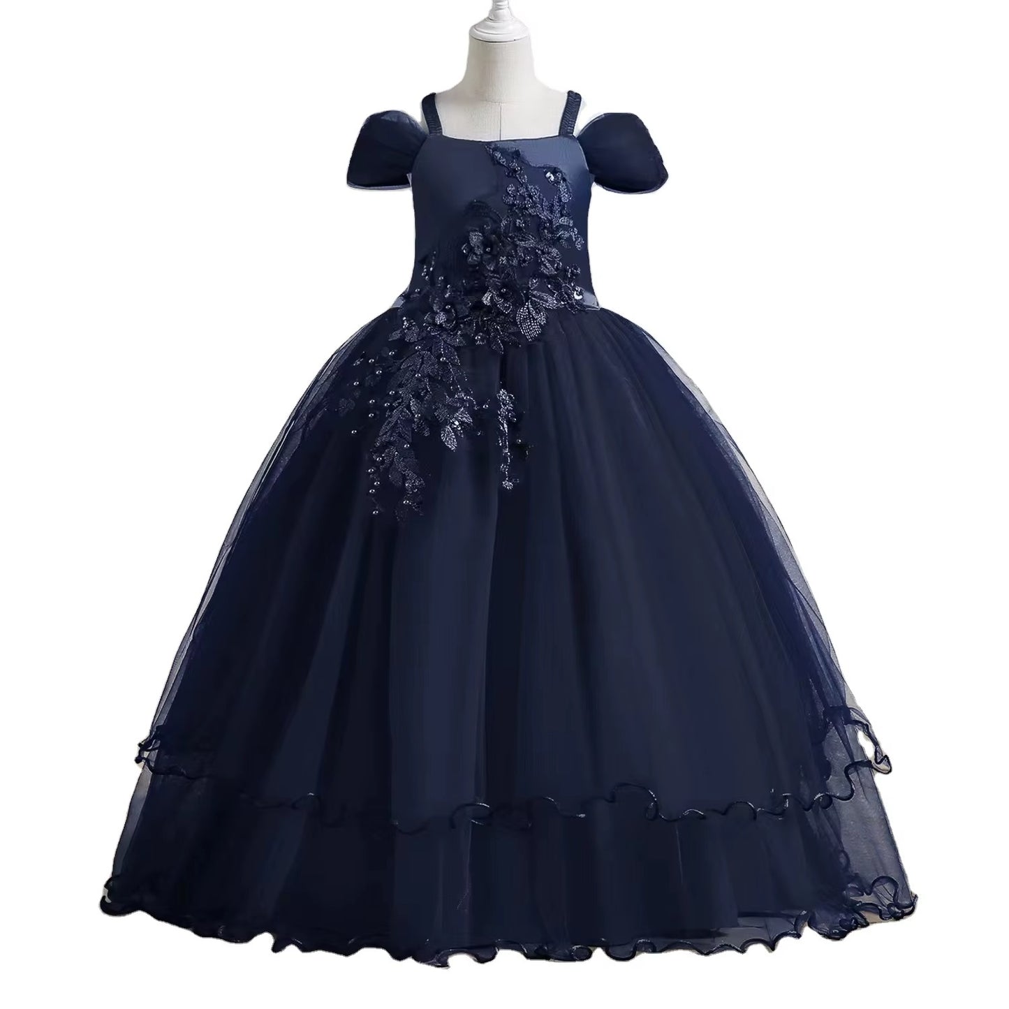 Girls Spaghetti Strap Puff Sleeve Embroidery Layered Tulle Ball Gown