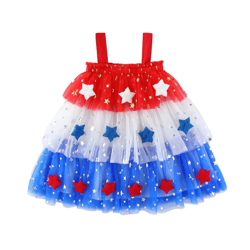 Girls American Flag Patchwork Tutu Tulle Slip Dress