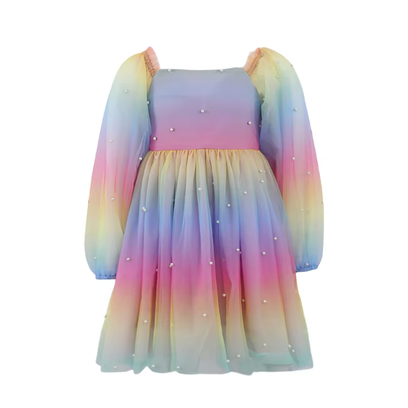 Girls Solid Pearl Decor Long Sleeve Mesh Casual Dress