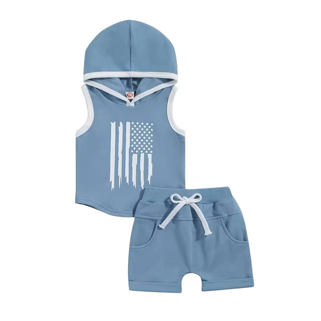 Boys Hooded Tank Top & Elastic Waist Shorts Summer Outfit Set