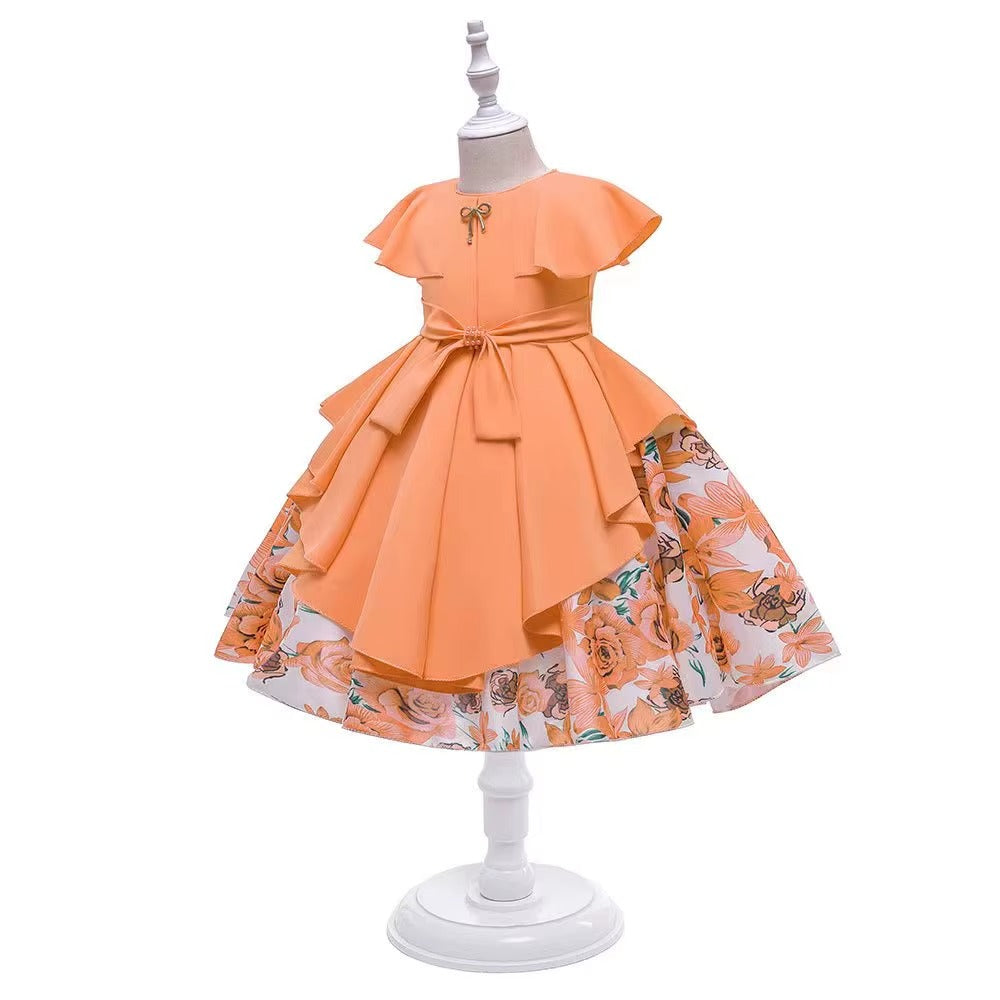 Girls O-neck Short Sleeve Bow Embroidered Printed Layered Dress