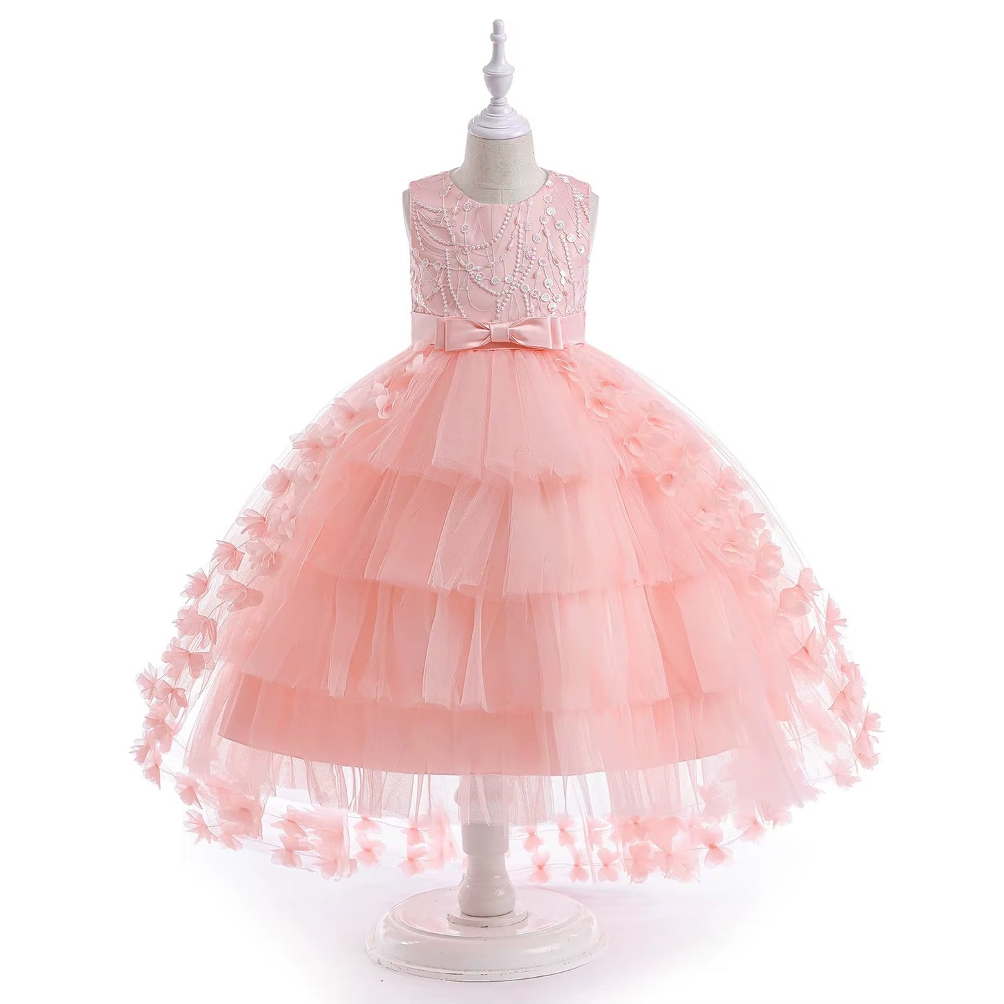 Girls Irregular Floral Mesh Tulle Party Dress With Train