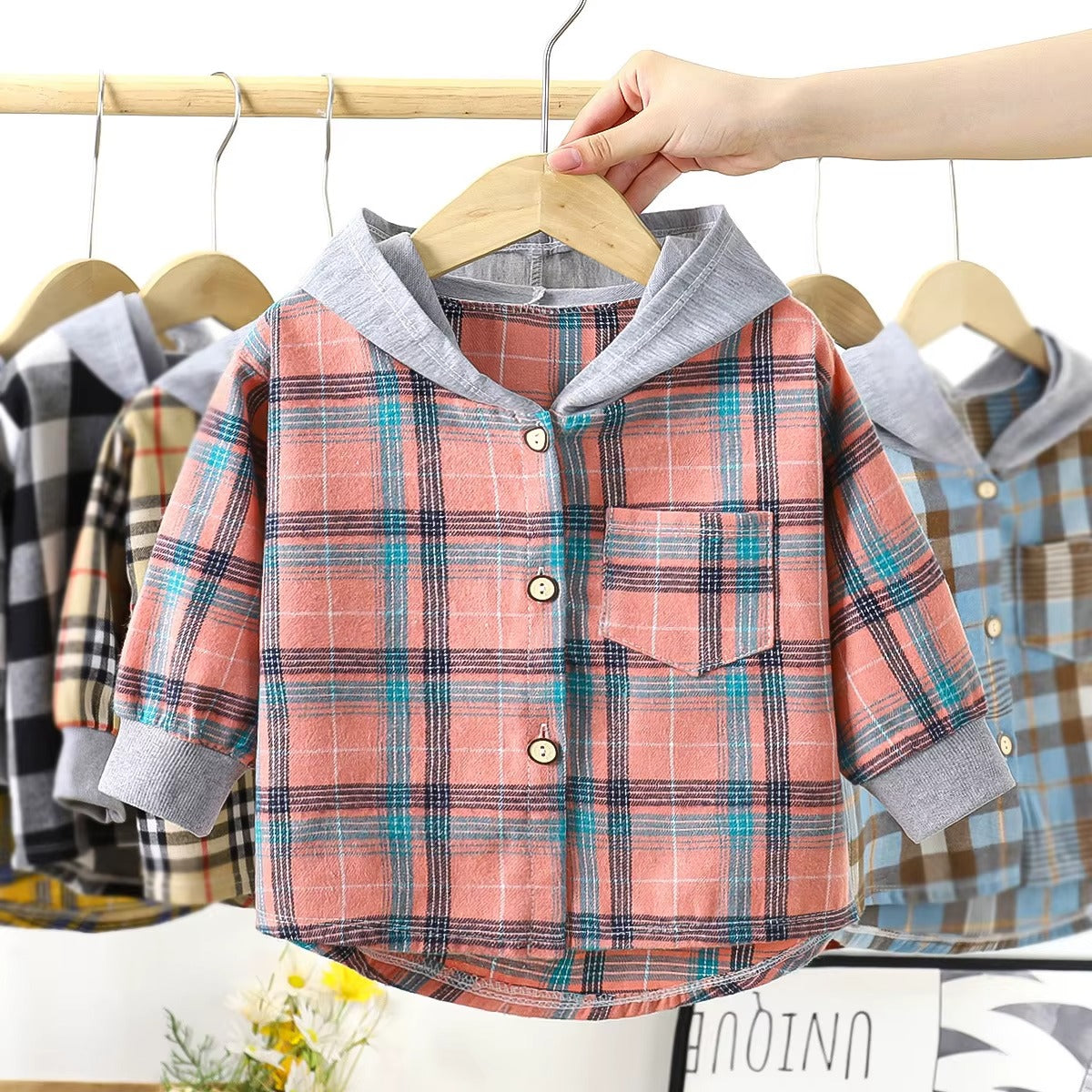 Baby Boys Hooded Stripe Splicing Button Long Sleeve Hoodie