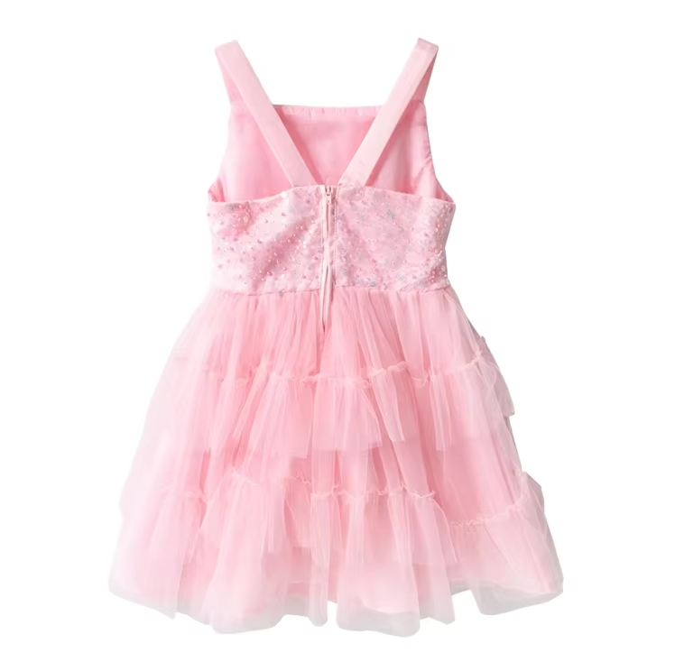 Girls Pink Sequined Tulle Sleeveless Bow Princess Dress