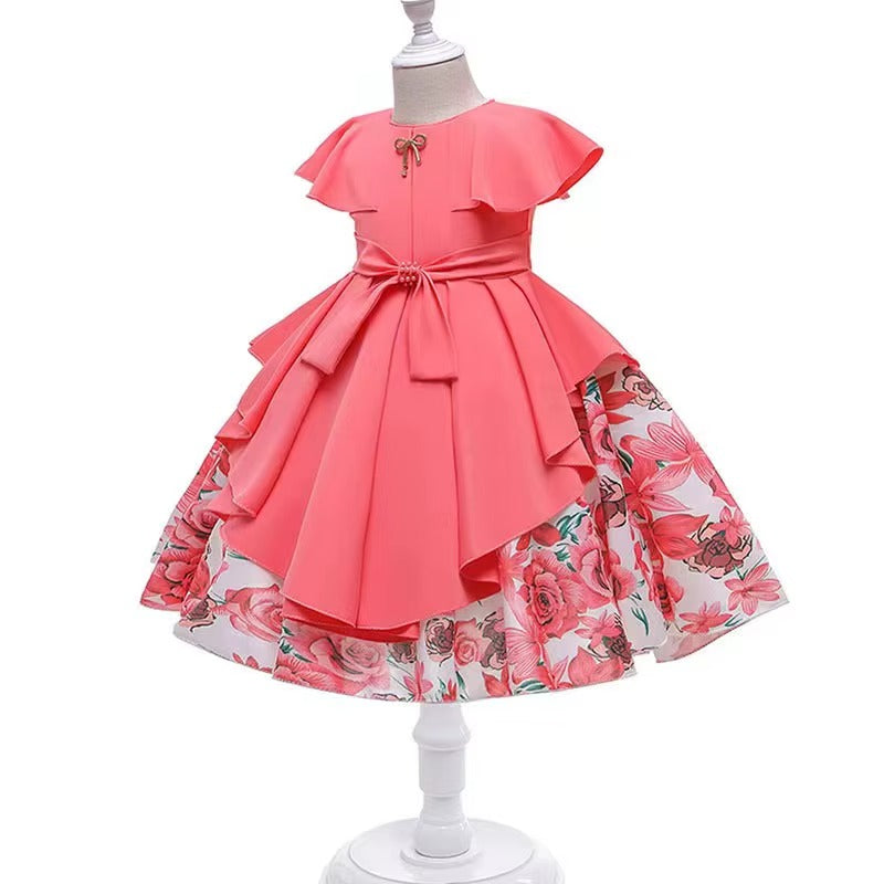 Girls O-neck Short Sleeve Bow Embroidered Printed Layered Dress