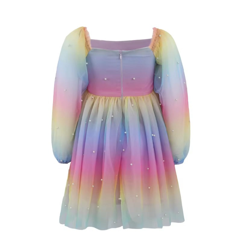 Girls Solid Pearl Decor Long Sleeve Mesh Casual Dress
