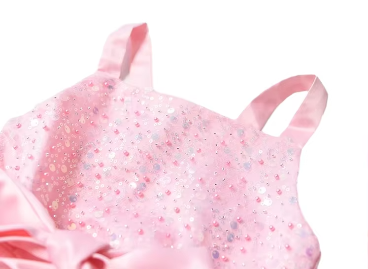 Girls Pink Sequined Tulle Sleeveless Bow Princess Dress