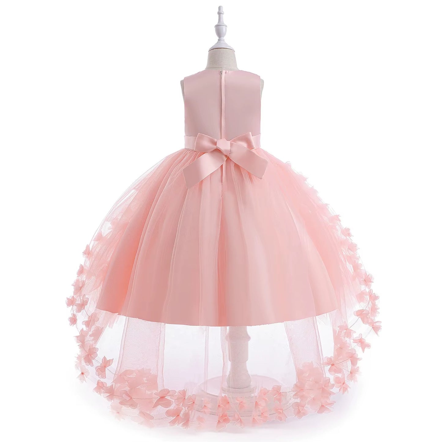 Girls Irregular Floral Mesh Tulle Party Dress With Train