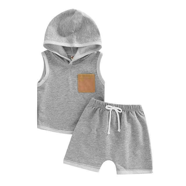 Boys Hooded Tank Top & Elastic Waist Shorts Summer Outfit Set