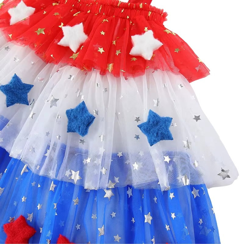 Girls American Flag Patchwork Tutu Tulle Slip Dress