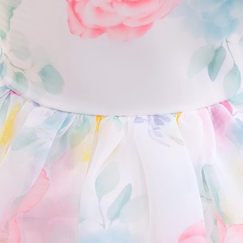 Girls Floral Puff Sleeve Tutu Party Dress