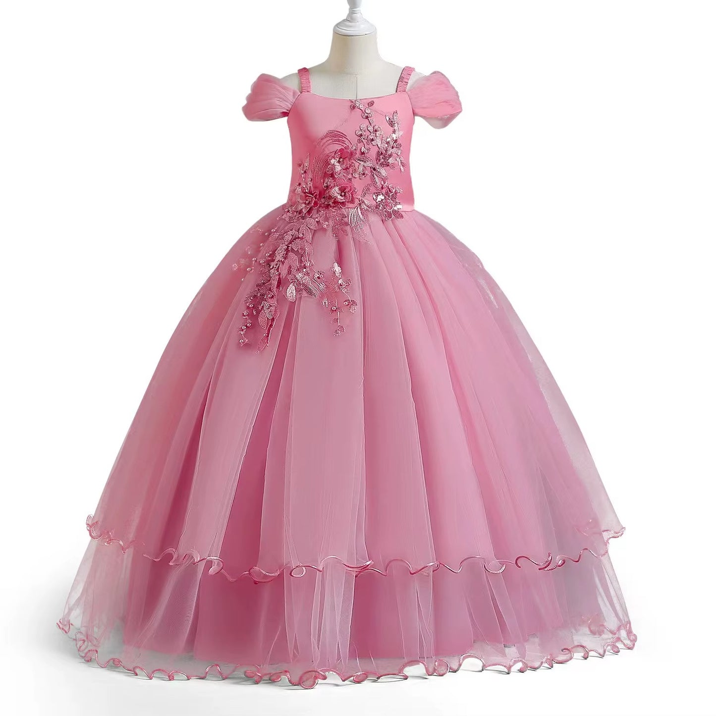 Girls Spaghetti Strap Puff Sleeve Embroidery Layered Tulle Ball Gown