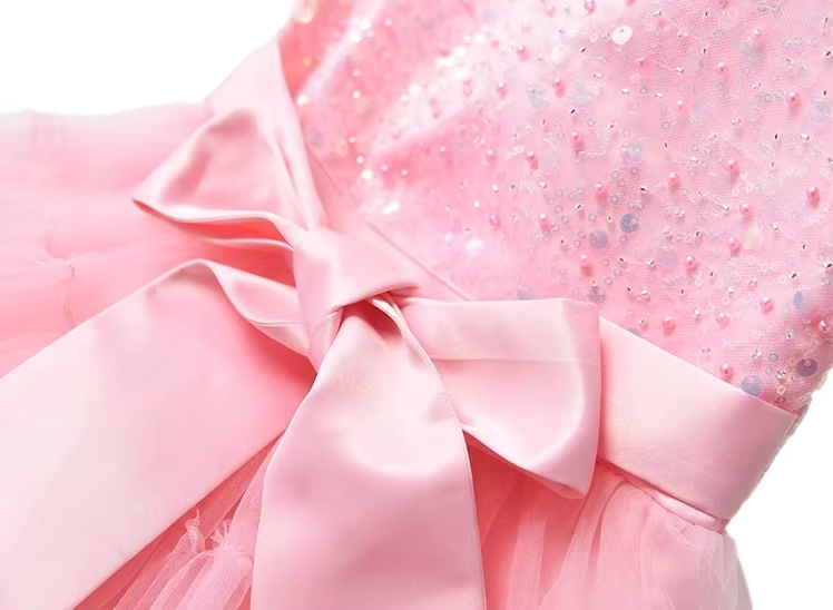Girls Pink Sequined Tulle Sleeveless Bow Princess Dress