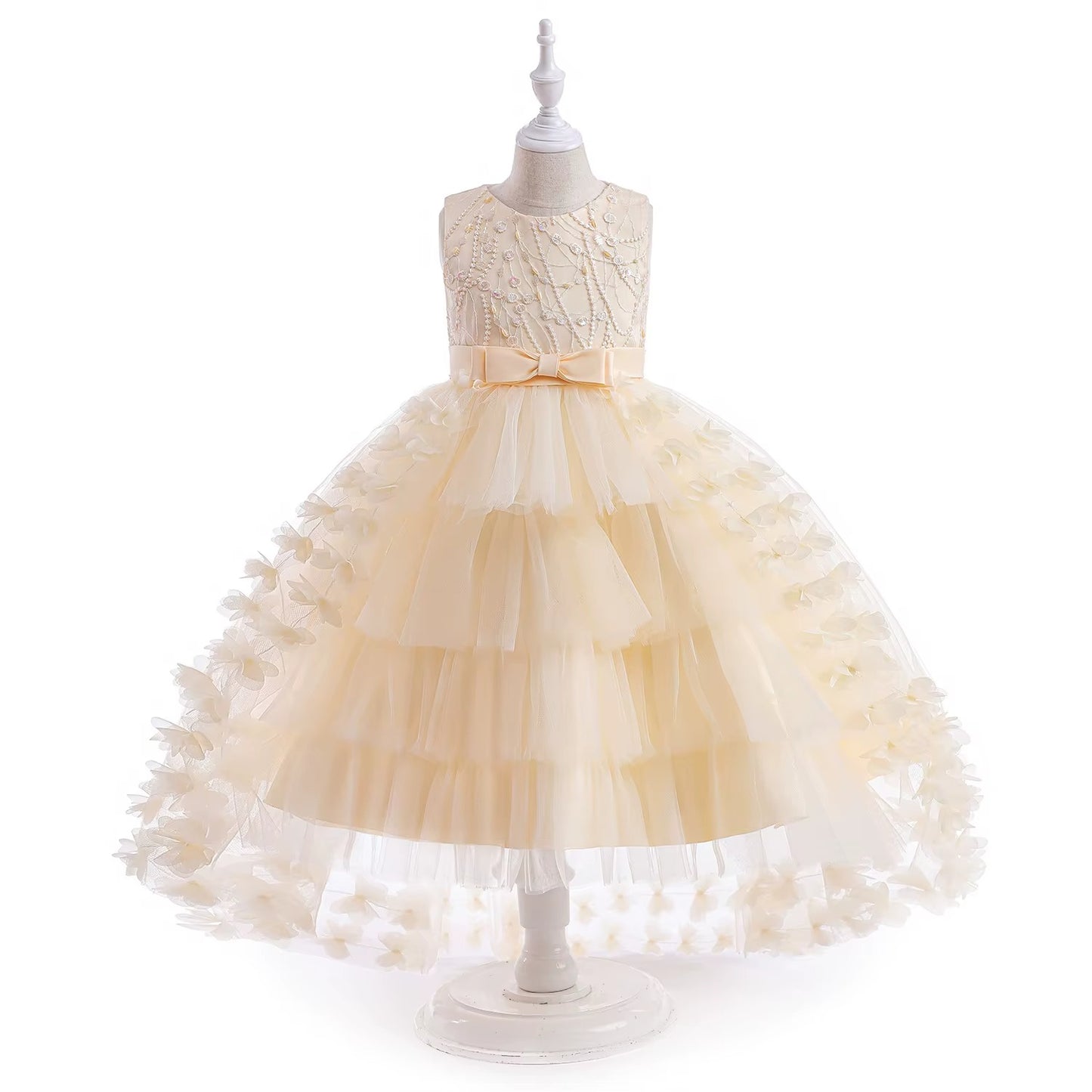 Girls Irregular Floral Mesh Tulle Party Dress With Train