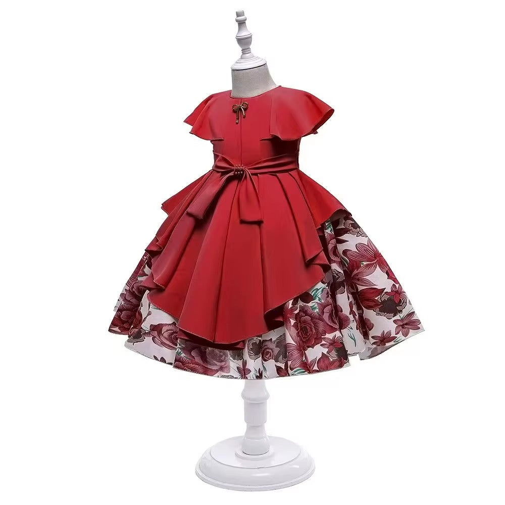 Girls O-neck Short Sleeve Bow Embroidered Printed Layered Dress