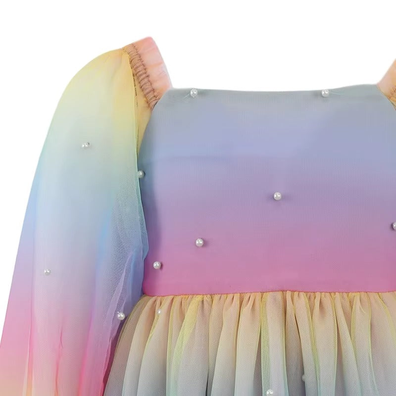 Girls Solid Pearl Decor Long Sleeve Mesh Casual Dress