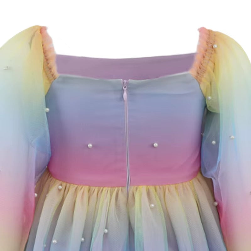 Girls Solid Pearl Decor Long Sleeve Mesh Casual Dress