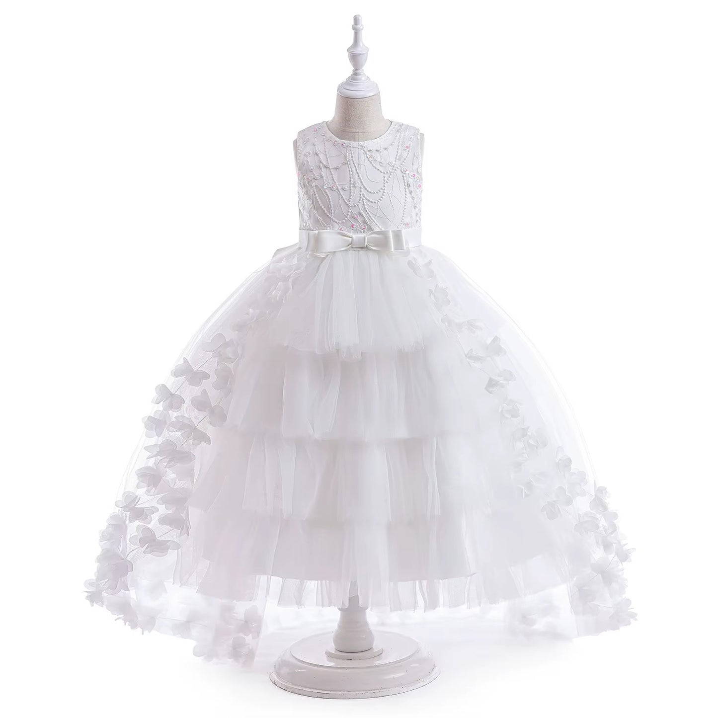 Girls Irregular Floral Mesh Tulle Party Dress With Train