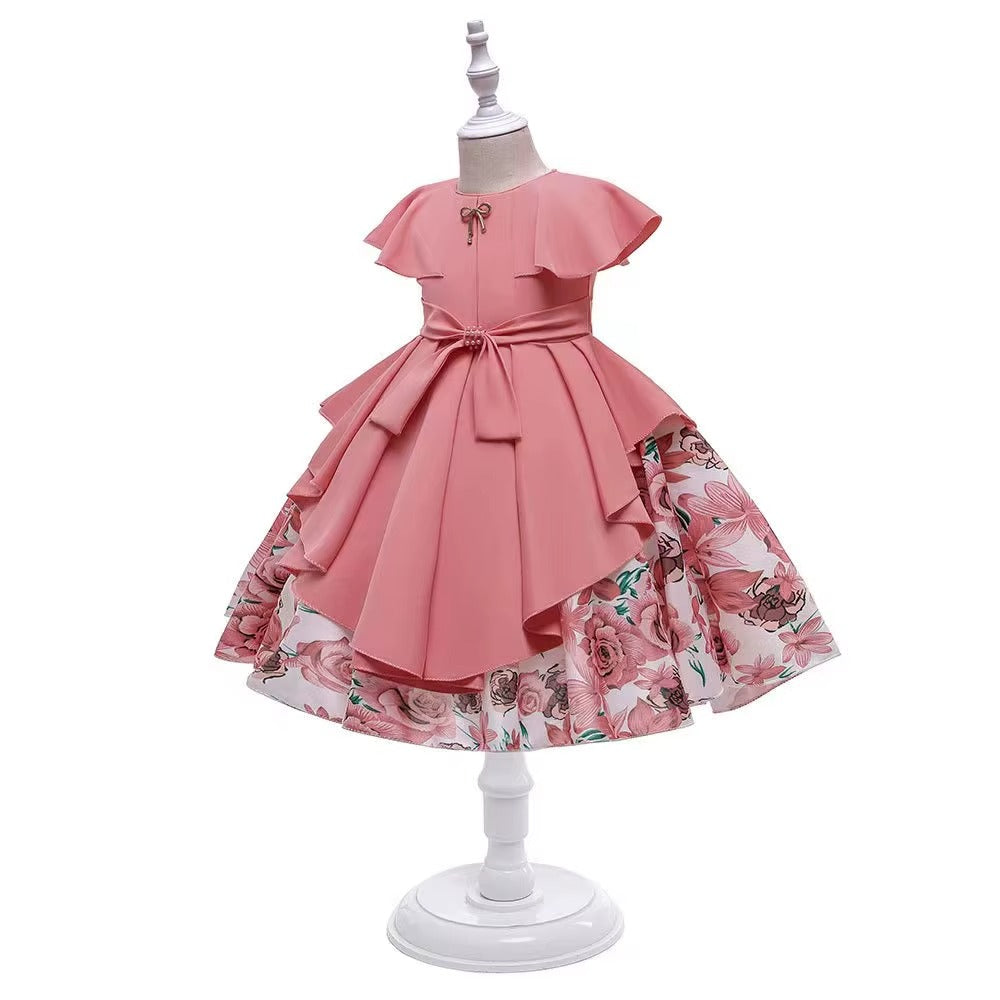 Girls O-neck Short Sleeve Bow Embroidered Printed Layered Dress