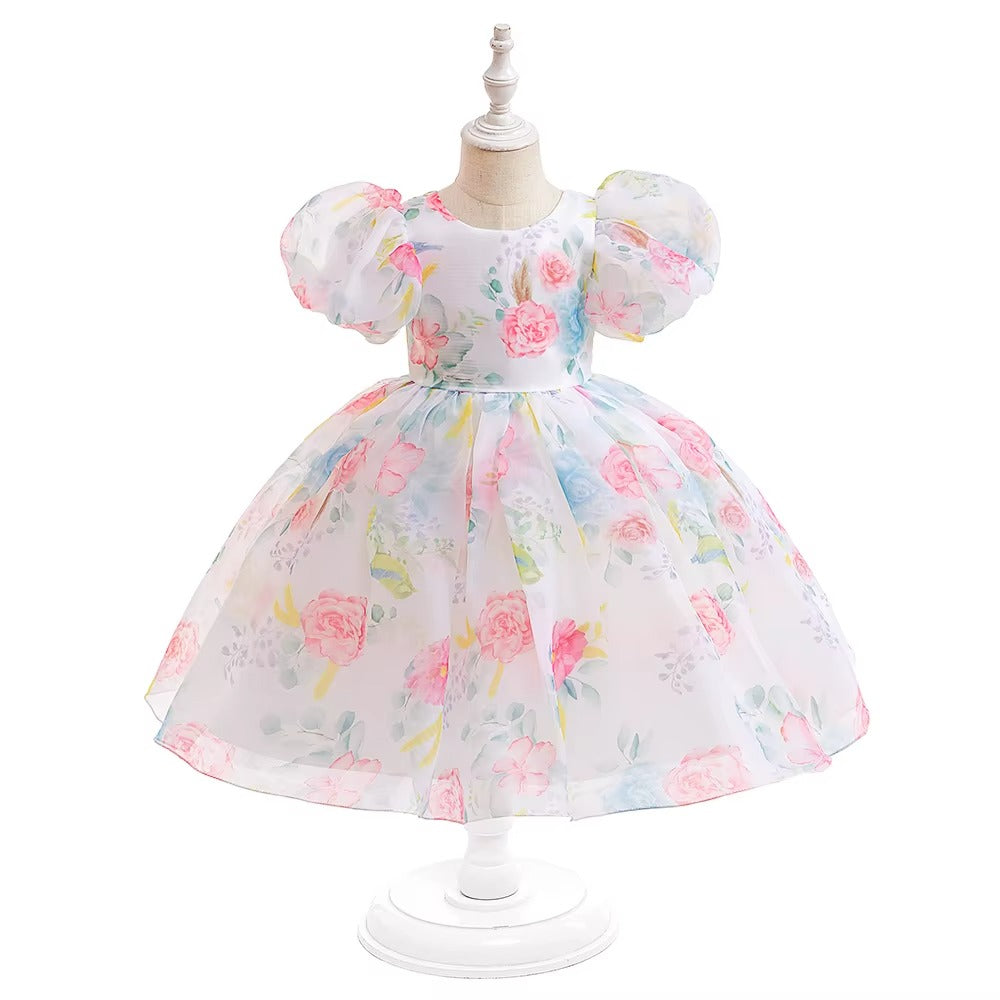 Girls Floral Puff Sleeve Tutu Party Dress